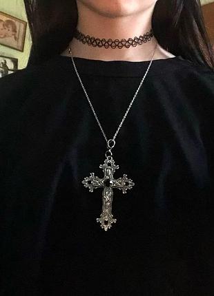 Ланцюжок на шию підвіска великий хрест готика кулон під срібло готичний кольє цепочка