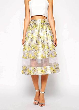 Брендовая жаккардовая юбка миди премиум-класса "asos" с прозрачным подолом . размер uk10/eur38.