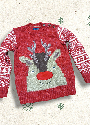 Теплый красный новогодний рождественский вязаный свитер джемпер с оленем