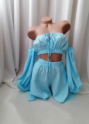 Літній легкий костюм комбінезон спідниця шорти та топ з відкритими плечима в горох