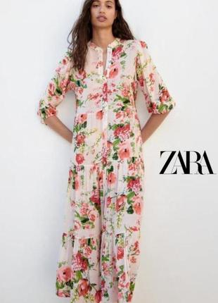 Ярусное длинное платье в цветы zara, длинное платье на пуговицах свободного кроя