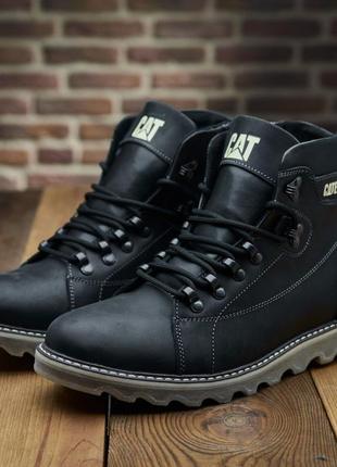 Чоловічі зимові черевики хутрі з натуральної шкіри на шнурівці та замку cat 408 чорний