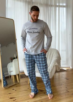 Пижама мужская теплая в клетку домашний костюм голубой унисекс