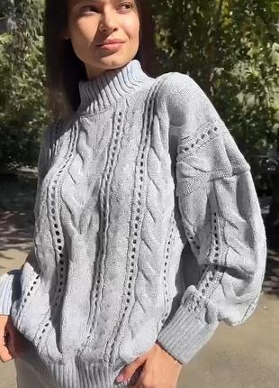 Свитер женский вязаный ажурный, шерстяной, светло -серый