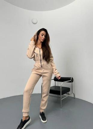 Комбинезон спортивный на замок худи кофта с капюшоном соска брюки джоггеры комплект сплошной базовый черный розовый бежевый серый зеленый