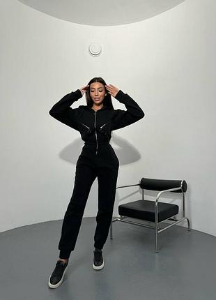 Комбинезон спортивный на замок худи кофта с капюшоном соска брюки джоггеры комплект сплошной базовый черный розовый бежевый серый зеленый