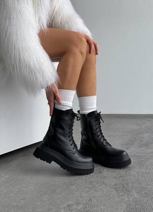 Черные натуральные кожаные зимние ботинки берцы на шнурках шнуровке высокой подошве платформы кожа зима