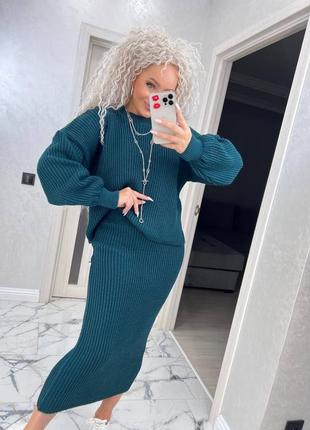 Вязаный теплый костюм свитер под горло юбка миди