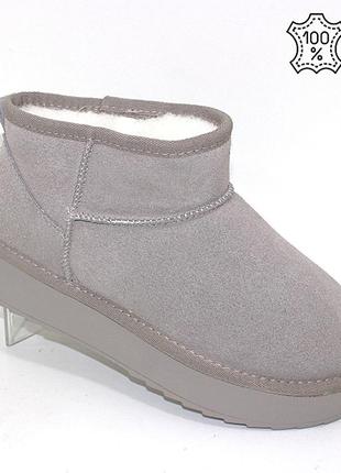 Женские серые короткие угги из натуральной замши.