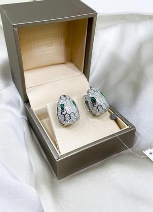 Серебряные серьги булгари bulgari массивная крупная змея змейка с камнями классика стильное тренд серебро проба 925 новое с биркой