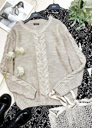 Вязаный полушерстяной свитер с косами оверсайз джемпер кофта пуловер classic унисекс бежевый серый большой размер