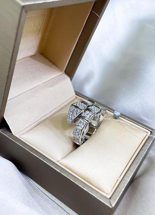 Серебряное кольцо булгари bulgari массивная крупная змея змейка с камнями классика стильное тренд серебро проба 925 новое с биркой