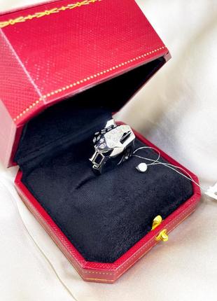 Серебряное кольцо картье cartier пантера кошка леопард тигр зеленые глаза камни классика стильное тренд серебро проба 925 новое с биркой