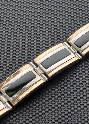 Серебряный мужской браслет с золотыми накладками и ониксом