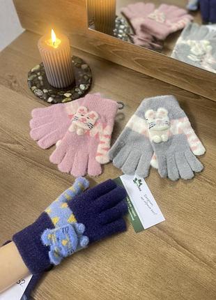 Перчатки варежки для девочки синие серые розовые 6 7 8 9 лет