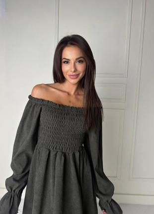 Платье миди на резинке везвет с открытыми плечами и длинными рукавами7 фото