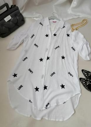 Подовжена сорочка блуза туніка напівпрозора з вишок у кайнадписах та зірками