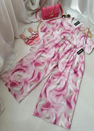 Стильно літній костюм батальна серія довгі широкі штани палаццо з кишенями