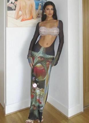 Платье сетка, прозрачное, длинное, макси,на пляж, пляжное,с вырезом