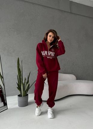 Спортивный костюм оверсайз женский кофта на замок зыпкая свитшот брюки джоггеры комплект базовый с надписью на флисе черный бордовый серый