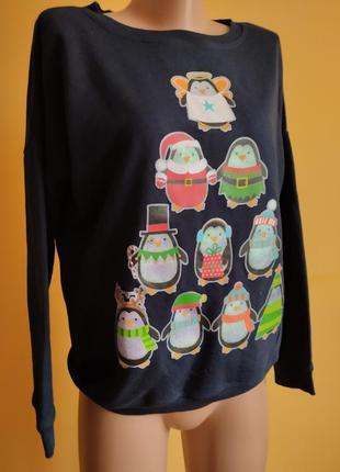 Кофта новогодняя синяя с пингвинами new look размер 40