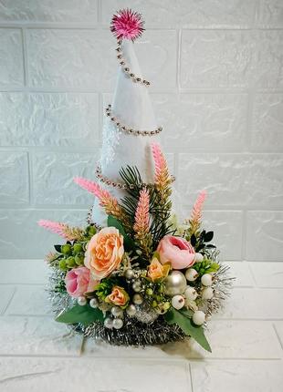 Новогодняя елка с цветами, елочка ручной работы, подарок на редво и новый год, сувенир
