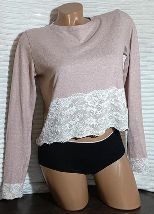 Джемпер блуза укороченный с кружевом, кофточка лонгслив женская нарядная, кроп топ