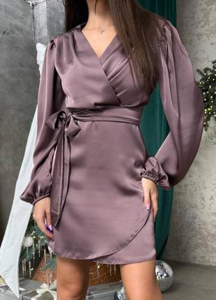 Double шелковое платье мини на запах с длинными рукавами фонариками