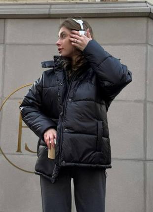 Коротка тепла куртка пуховик парка з капюшоном зимова осіння чорна коричнева сіра