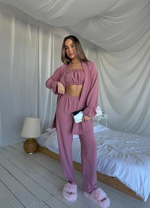 194 christel домашний комплект набор вискозный темная пудра пижама халат кимоно топ штаны