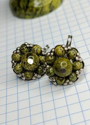 Винтажные серьги, натуральный камень змеевик.