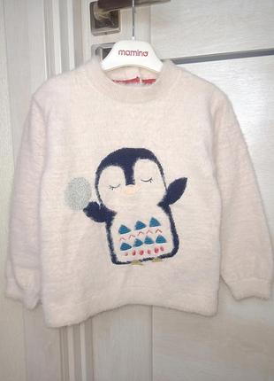 Теплый, нарядный пушистый новогодний свитшот кофта мирер с пингвином для девочки 3-4 года 104