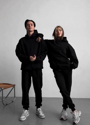 Оверсайз спортивный костюм с начёсом унисекс худи чёрный чёрные штаны rd417/rd421