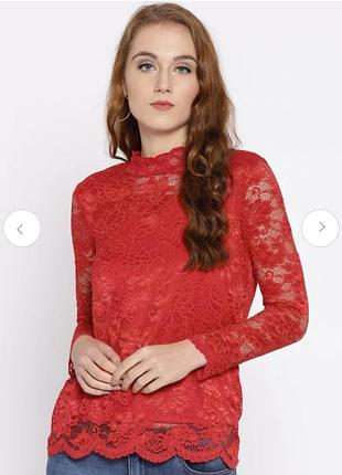 Блуза кружевная нарядная ярко красная, кофточка лонгслив гипюровая