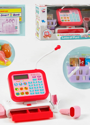 Дитячий касовий апарат (іграшкові гроші, автоматична каса, калькулятор, картка, продукти) 5963 а