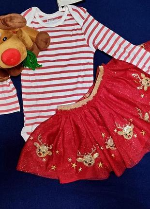 Новогодний набор для девочки, бодики из органического хлопка и юбка - солнце с вышитыми оленями, george+lupilu, 74/80 боди, 80/86 юбка