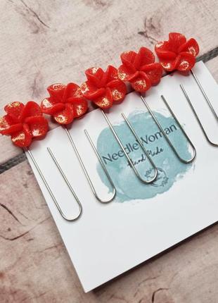 Скрепки-закладки красные цветы, набор 5 штук