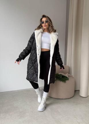 Женская длинная теплая стеганая куртка-пальто пуховик-парка с поясом зефирка с искусственным мехом без капюшона черная коричневая мокко бежевая2 фото