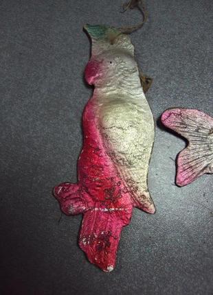 Елочная игрушка подвесная картонаж попугай и рыба рыбка ссср лот 2 шт №10800