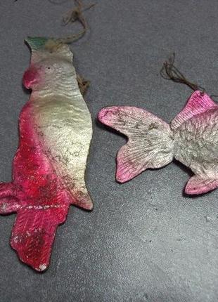 Елочная игрушка подвесная картонаж попугай и рыба рыбка ссср лот 2 шт №10800