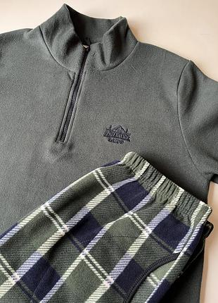 Чоловічий теплий домашній костюм флісовий хакі зелений комплект для дому в клітинку фліс полар