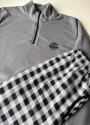 Чоловічий теплий домашній комплект флісовий сіро-чорний костюм домашній в клітинку фліс полар