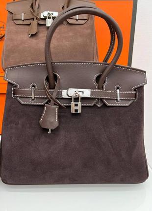 Birkin 30 роскошная замшевая сумка в оттенке горького шоколада.