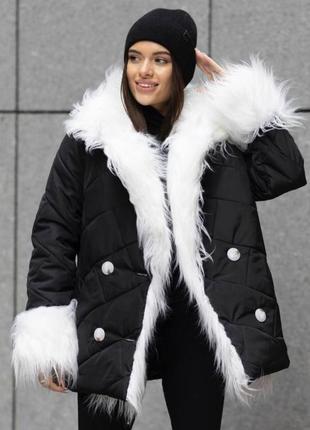 3кольори🥰стеганый пуховик оверсайз с длинным мехом ламы белый черный бежевый/куртка зимняя теплая с поясом кровохраненная теплая стеганая черная белая бежевая