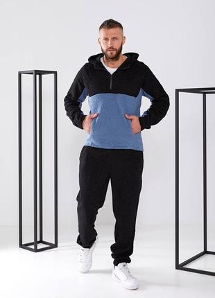 Трендовый седди костюм теплый мужской комплект кофта полузамок и штаны зимний двухцветный