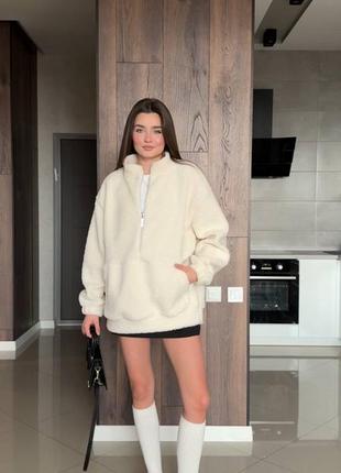 Худи батник мех барашек тедди без капюшона на молнии