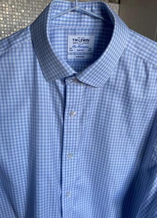 Брендовая топовая голубая хлопковая рубашка в клетку tm lewin l 16,5 non iron casual кэжуал
