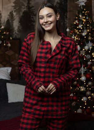 Женская фланелевая пижама в клетку унисекс, рубашка и брюки