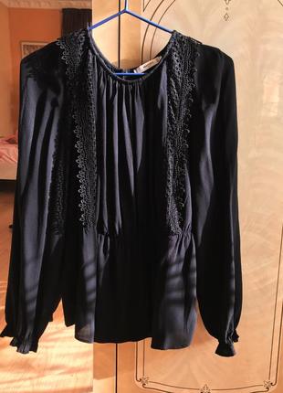 Чорна блуза манго в стилі бохо шифонова з мереживом