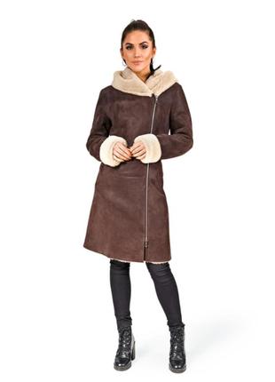 Длинная дубленка из овчины, цвет мокка,темный шоколад, 6xl/58, толстая, очень теплая